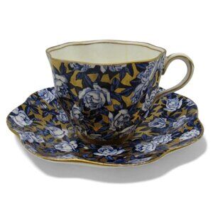 Antique Coalport Tea Cup and Saucer Cobalt Blue Gold Floral-Cracked